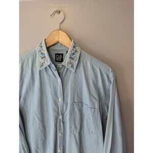 Vintage Gap Denim Shirt, Floral Collar, Women's Sz M 90's, embroidery, rare